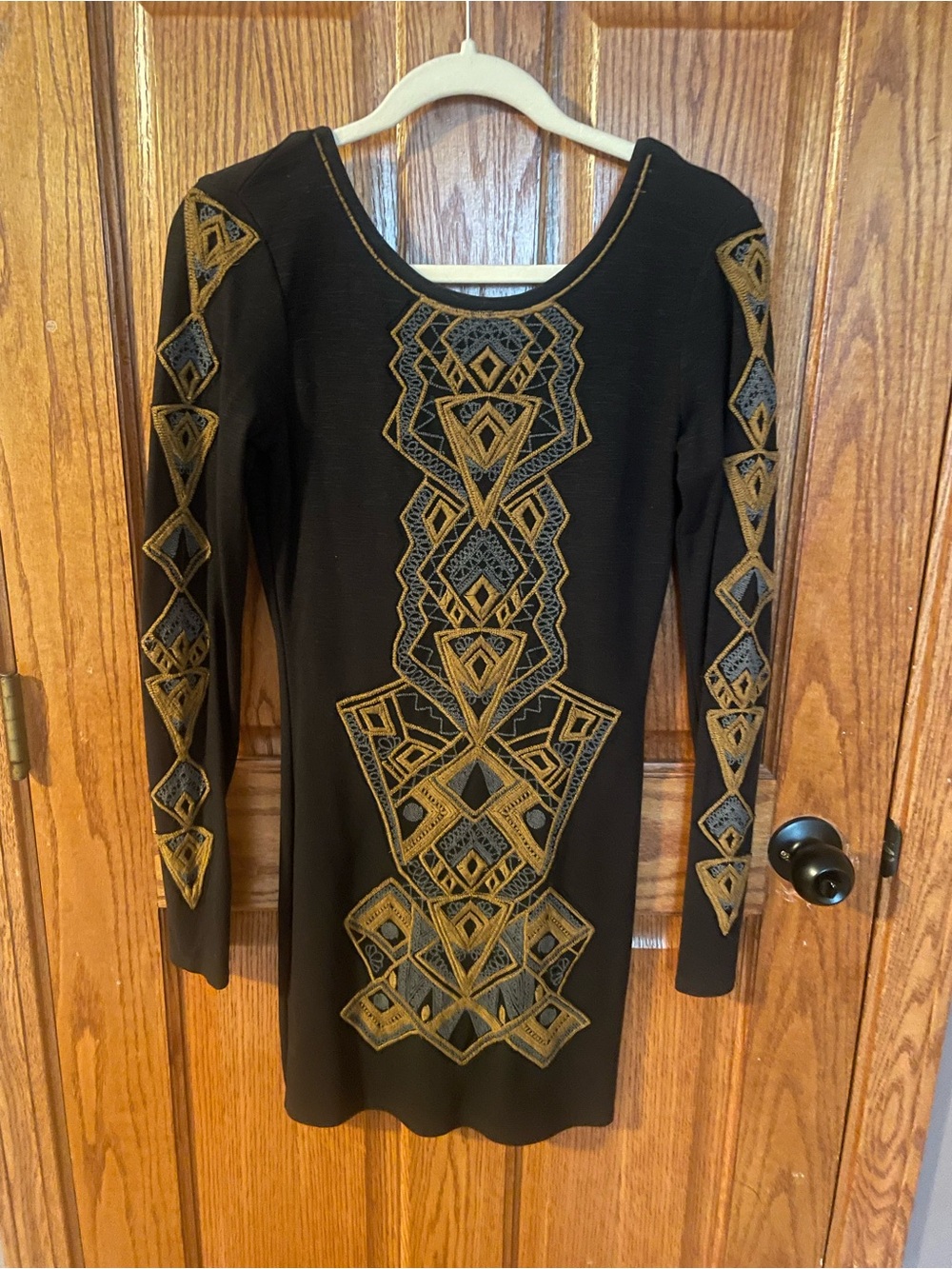Free People Black Long-Sleeve Dress with Gold Geometric Embroidery